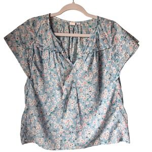Gap 100% Cotton Blouse Blue Pink Floral Print Peasant Split Neck Ruffle Small